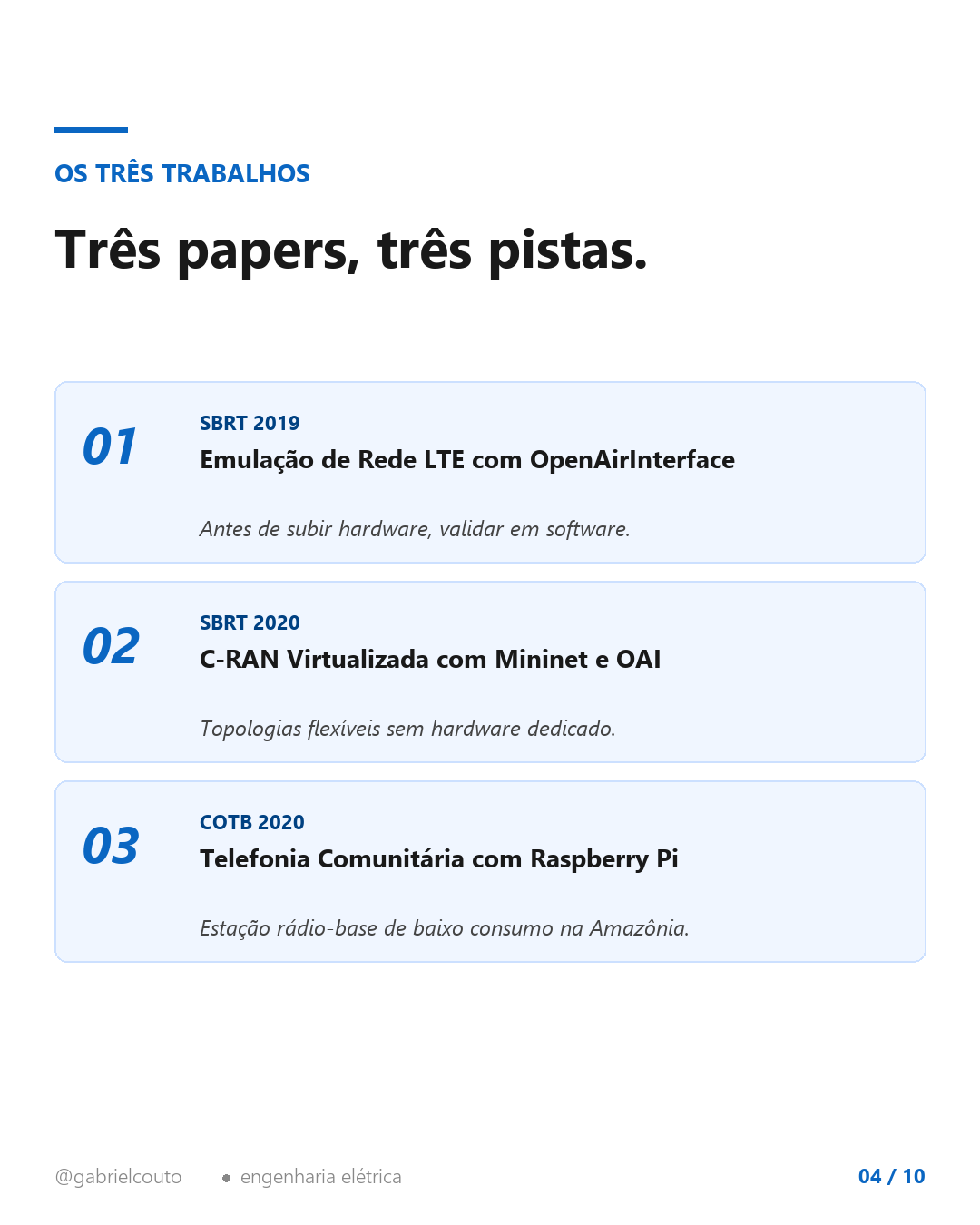 Slide 4 — Três papers, três pistas